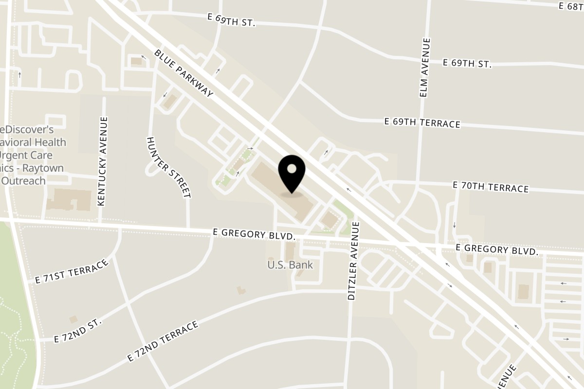 Map showing the location of Los Compas Raytown on 9055 E State Rte 350 in Raytown